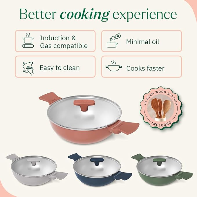 Ember Cookware Arcilla Ceramic Non Stick Kadai 24cm | Glass Lid | Matching Handles | Florence Series | Terracotta