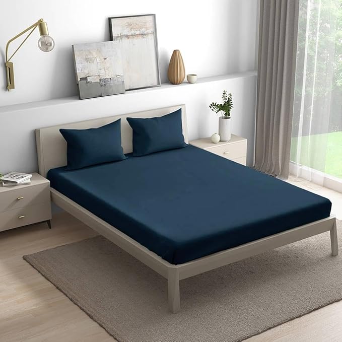 Wakefit Bedsheet for King Size Bedsheet King Size Bed Cotton 2 Pillow Covers Elastic Fitted Sheet Navy Colour