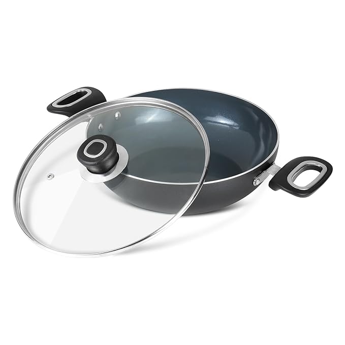 Vinod Zest Ceramica Kadai with Glass Lid - 2.5 Litre (24 cm) | Natural Stick Free Deep Kadhai | Stylish Handle