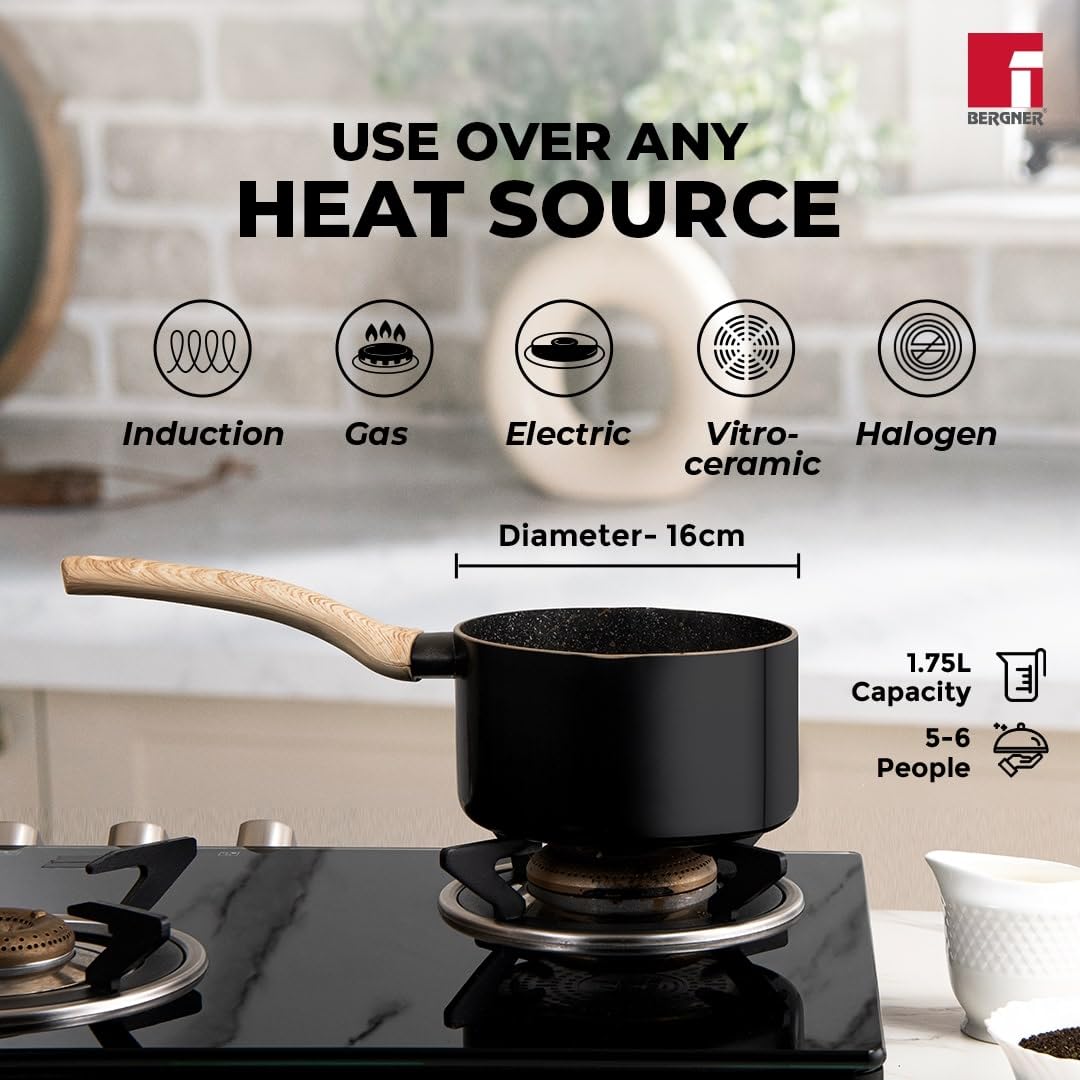 Bergner Bellini Plus Aura 5-layer Non-stick 16 Cm Saucepan, 1.8 Litres Sauce Pan With Soft Touch Wooden Finish Handle