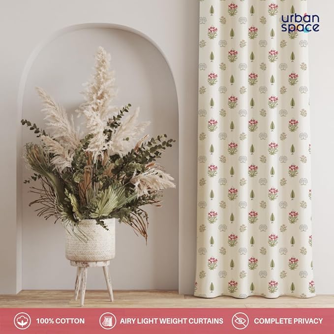 Urban Space Cotton Floral Curtains for Door Set of 2 with Eyelets and Tieback(Colour Calico Red)