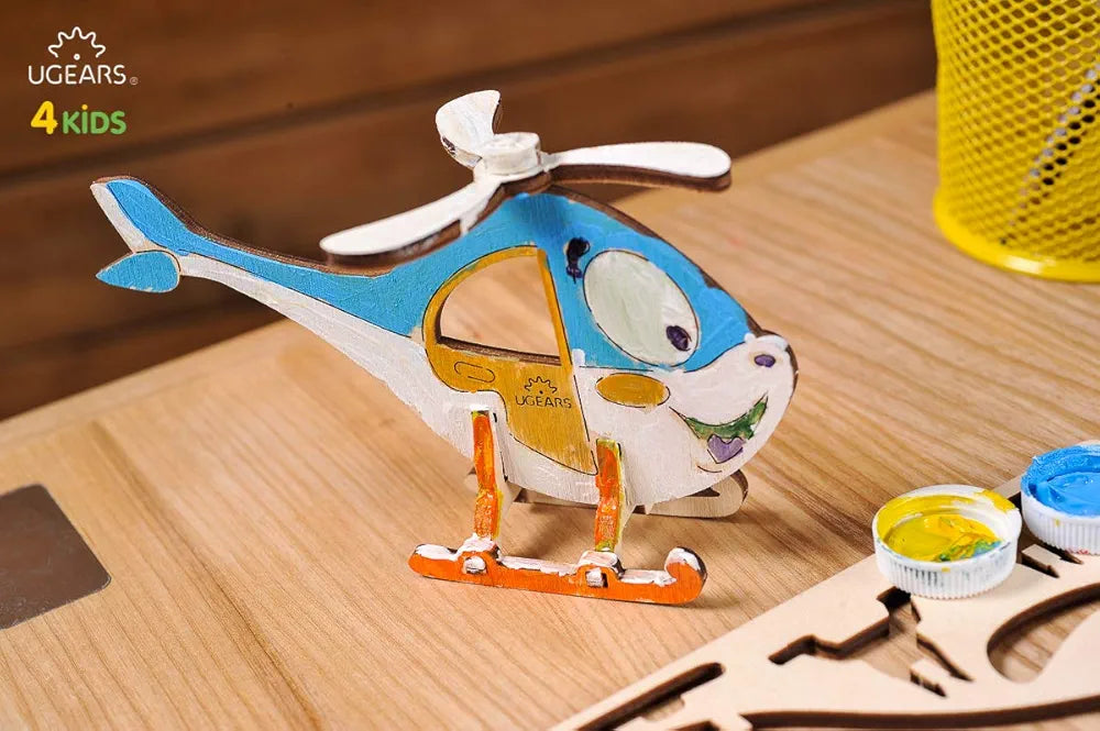 UGEARS Helicopter - 3D Wooden Jigsaw Puzzle - Coloring Kit - STEAM Learning Brain Game for Kids, Ages 5+, 8 Pieces