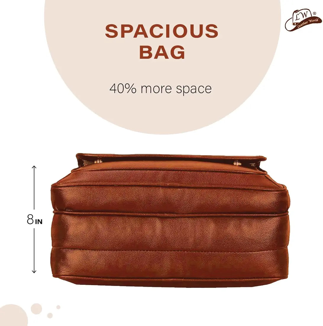 Leather World Synthetic Leather Briefcase 15.6 Inch Tan Laptop Expandable Messenger Shoulder Office Bag with Strap for Men and Women