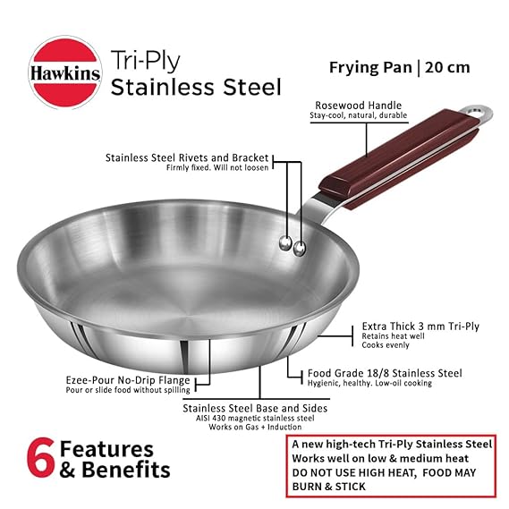 Hawkins 20 cm Frying Pan Triply Stainless Steel Fry Pan Induction Frying Pan