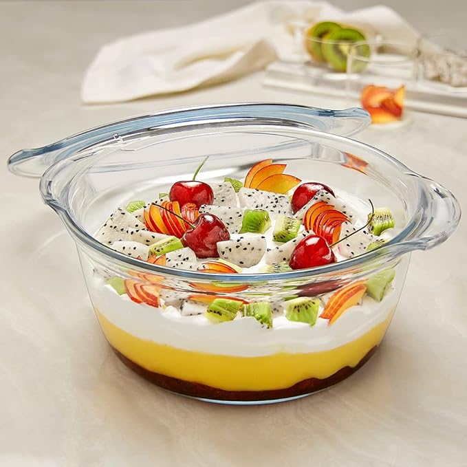 Borosil Glass Casserole Deep Round Oven and Microwave Safe Serving Bowl With Glass Lid | 2.5 Litres | 1 Piece Deep Round Casserole | Transparent