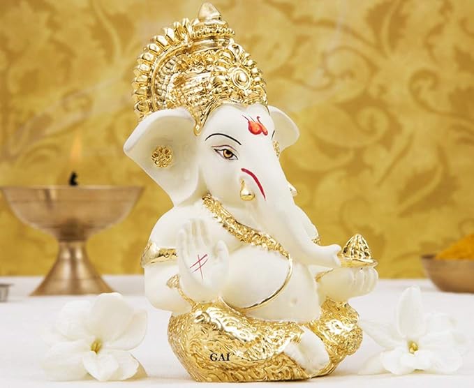 Gold Art India Ceramic Ganesh Idol for Car Dashboard Ganesha Murti for Home Decor Puja