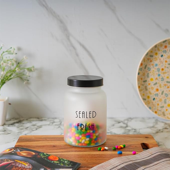 Femora Kitchen Storage Jars Frosted Glass Jar With Steel Lid Air Tight Jar | 1000 Ml | Pack of 4 | Black Lid