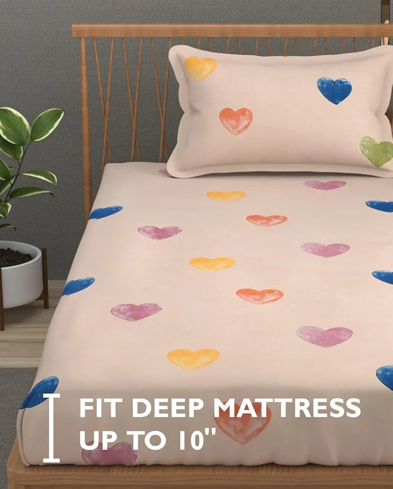 Fresh From Loom Floral Print 240 TC Single Bed Bedsheet Microfiber Anti Fade 1 Pillow Covers Heart-Brown
