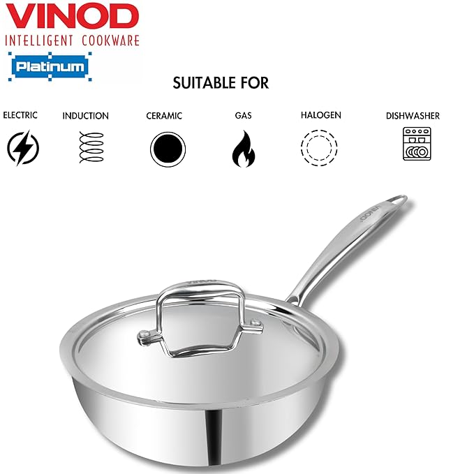 Vinod Platinum Triply Stainless Steel Frypan - 20cm | Deep Skillet Pan with Lid | Rivetted Study Handle | Induction & Gas Base