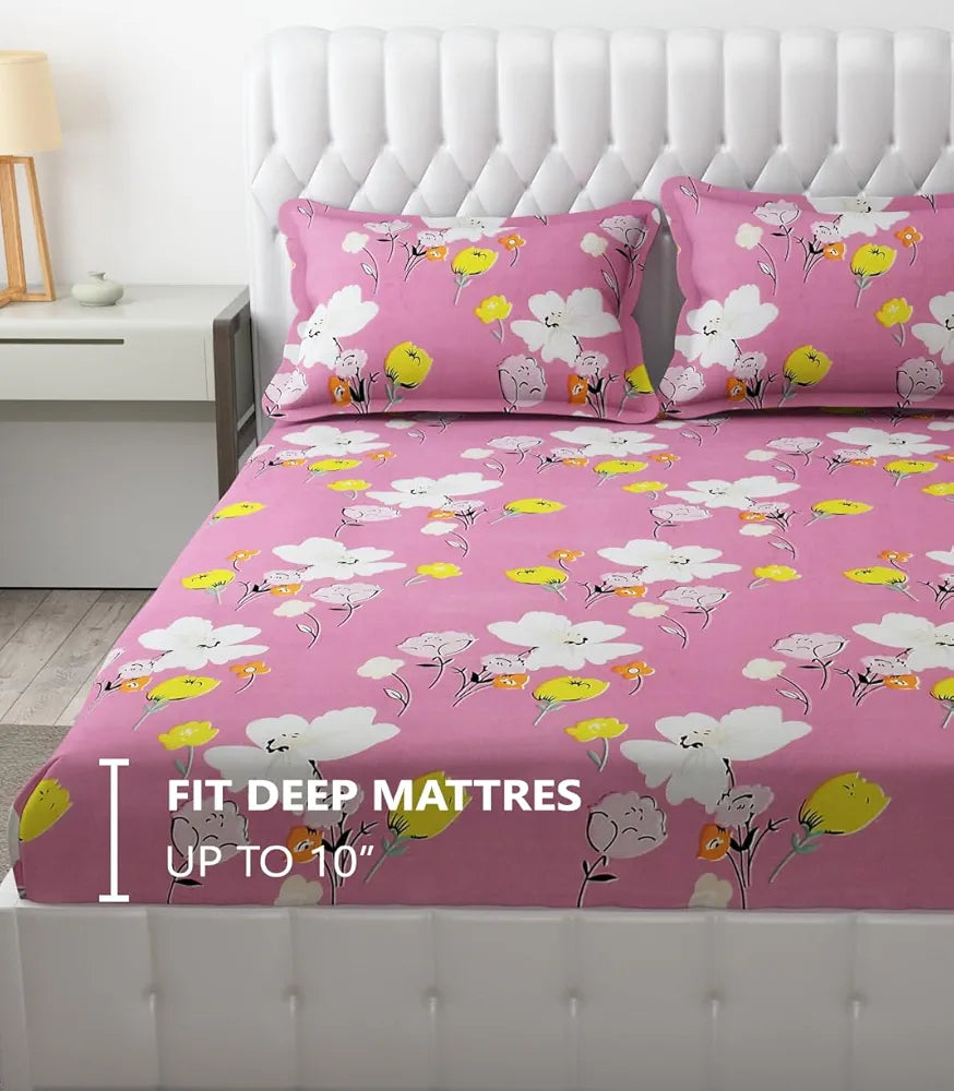 Fresh From Loom Elastic Fitted Floral Bed Sheets Bed Covers Soft Glace Cotton Fitted Bedsheet King Size Bed With Two Pillow Cover,144 TC Punch Pink