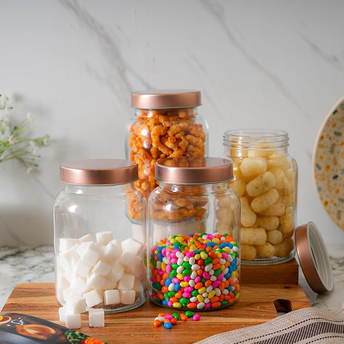 Femora Kitchen Storage Jars Clear Glass Jar With Steel Lid Air Tight Jar | 1000 Ml | Pack of 1 | Golden Lid