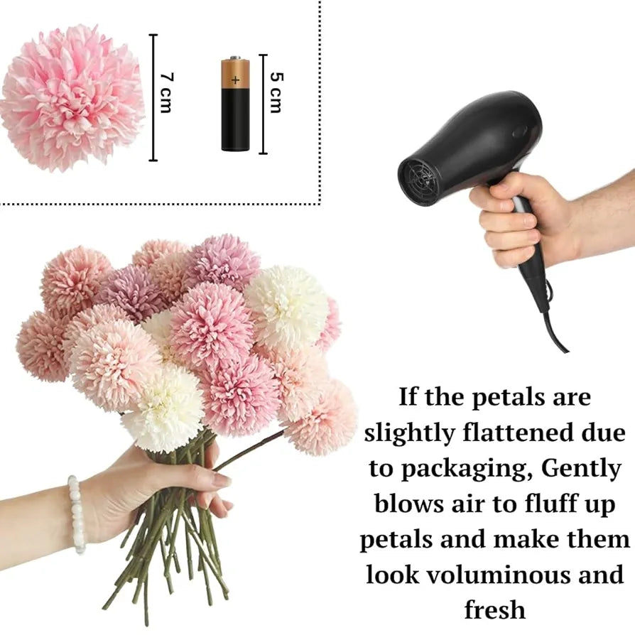 Artificial Chrysanthemum Ball Flowers Fabric Sticks Bouquet Silver Mauve