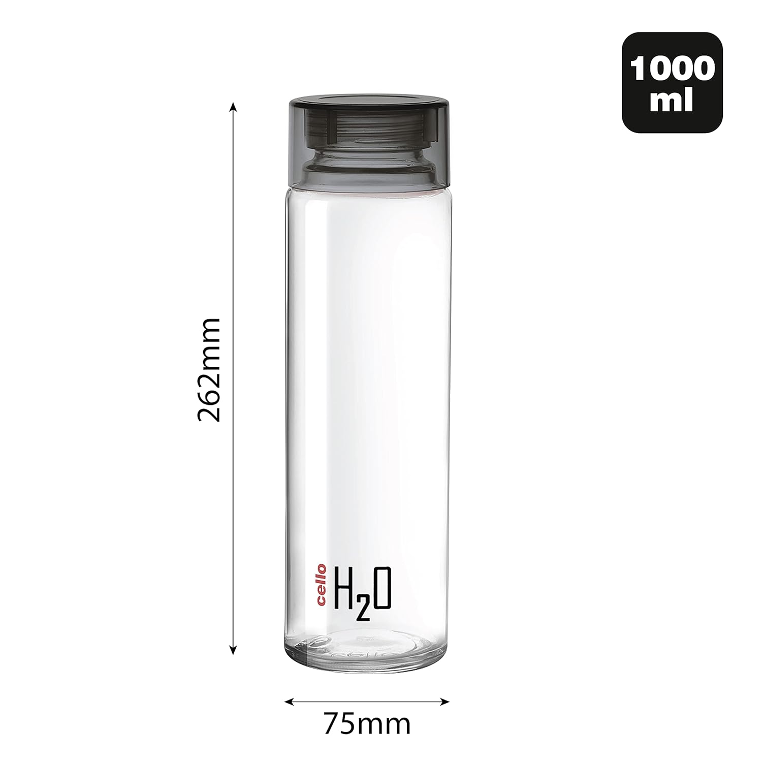 Cello H2o Glass Fridge Water Bottle With Plastic Cap | 920 Ml | Black
