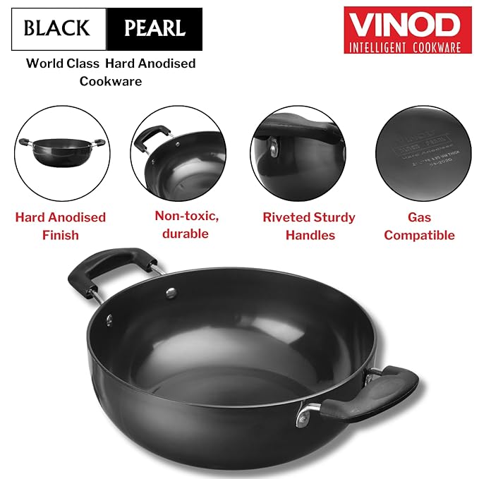 Vinod Black Pearl Hard Anodised Deep Kadai 1.6 litres Capacity (18 cm Diameter), with Riveted Sturdy Handles - 3.25 mm Thickness