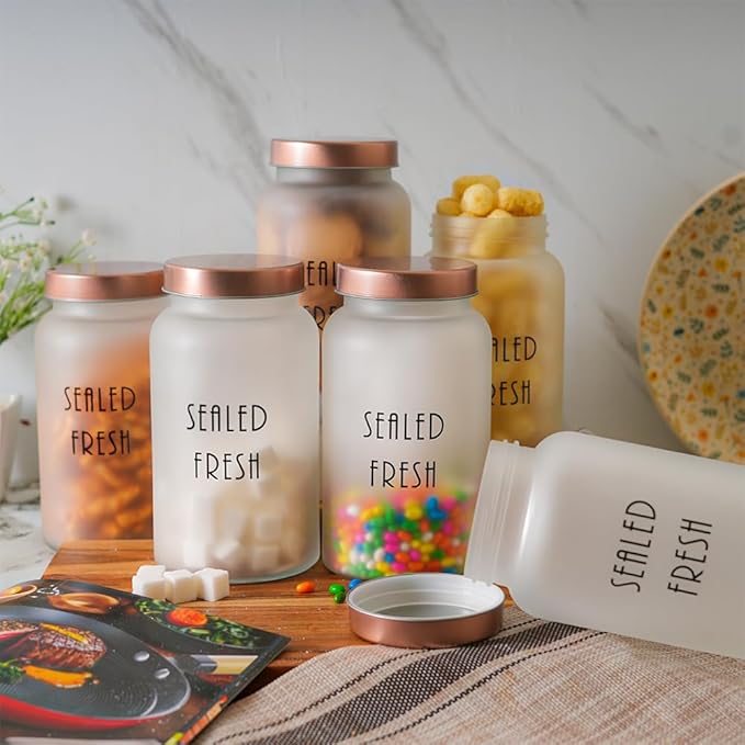 Femora Kitchen Storage Jars Frosted Glass Jar With Steel Lid Air Tight Jar | 1500 Ml | Pack of 2 | Golden Lid