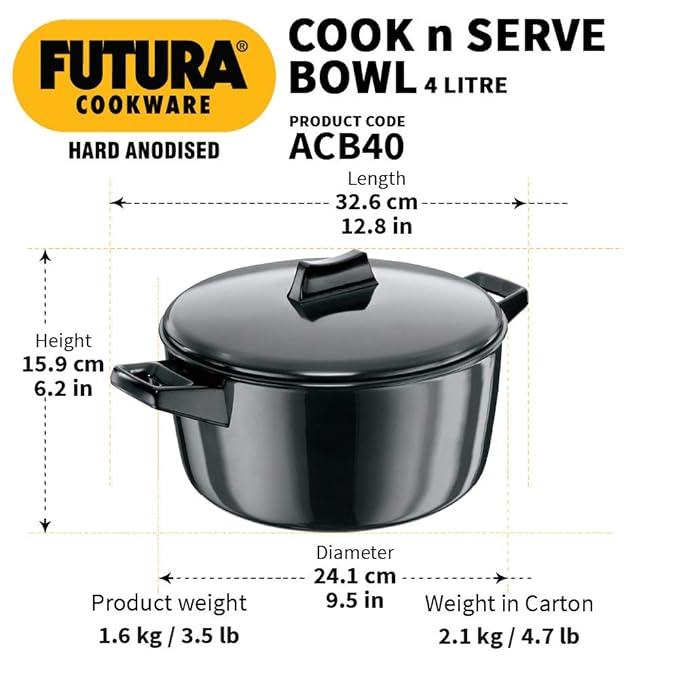 Hawkins Futura 4 Litre Cook n Serve Bowl Hard Anodised Saucepan with Hard Anodised Lid