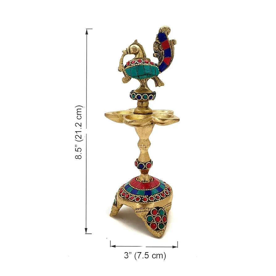 Two Moustaches Gemstone Work Peacock Over Ethnic Carved Legs Five Oil Wick Brass Diya