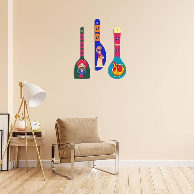 Artvibes Rural Art Wooden Wall Hanger Spoons for Home | Set of 3