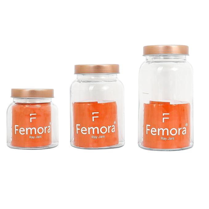Femora Kitchen Storage Jars Clear Glass Jar With Steel Lid Air Tight Jar | Pack of 3