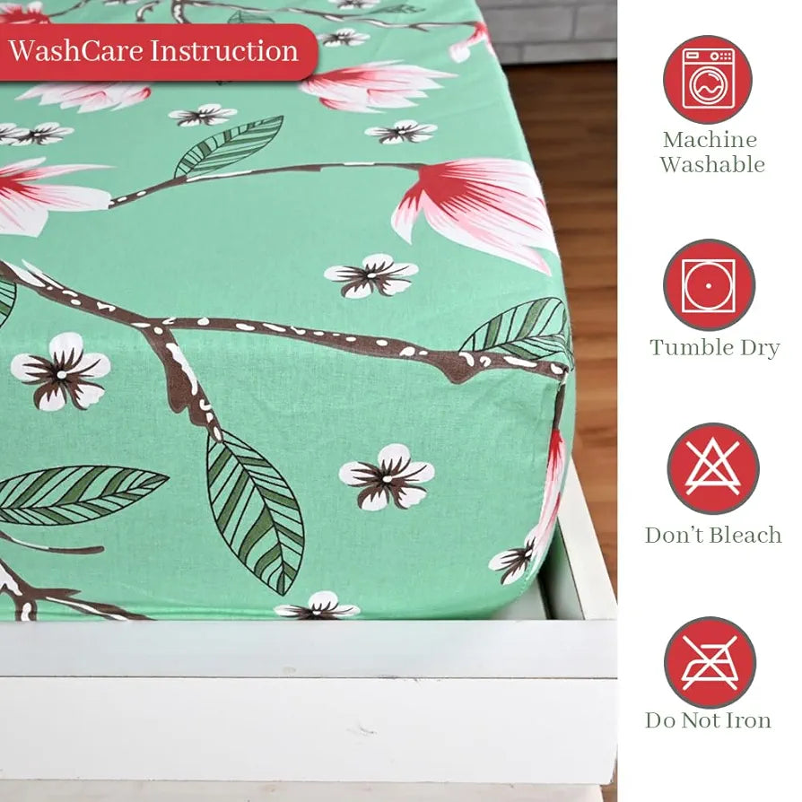 Divine Casa Floret 100% Cotton Double Fitted Bedsheet 144 TC Colour Blossom Haven Mint