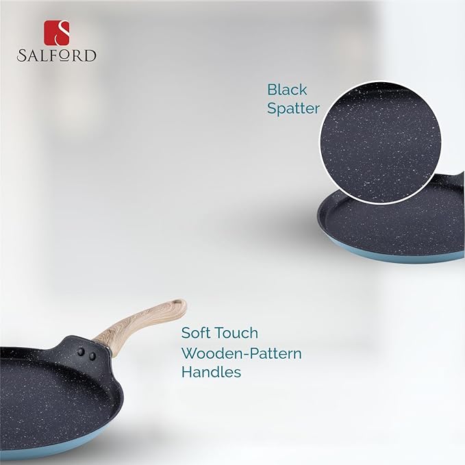 Salford by Ucook Forged Non-stick Tawa With Soft Touch Wooden Handle, Induction & Gas Ready | Black Spatter Dusty Blue | 260mm