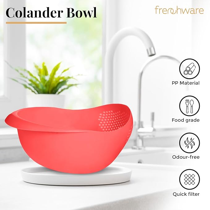 Frenchware 1 Unit Plastic Colander Bowl, Premium-grade Plastic, 100% Food Safe | Dishwasher Safe | Red Colour