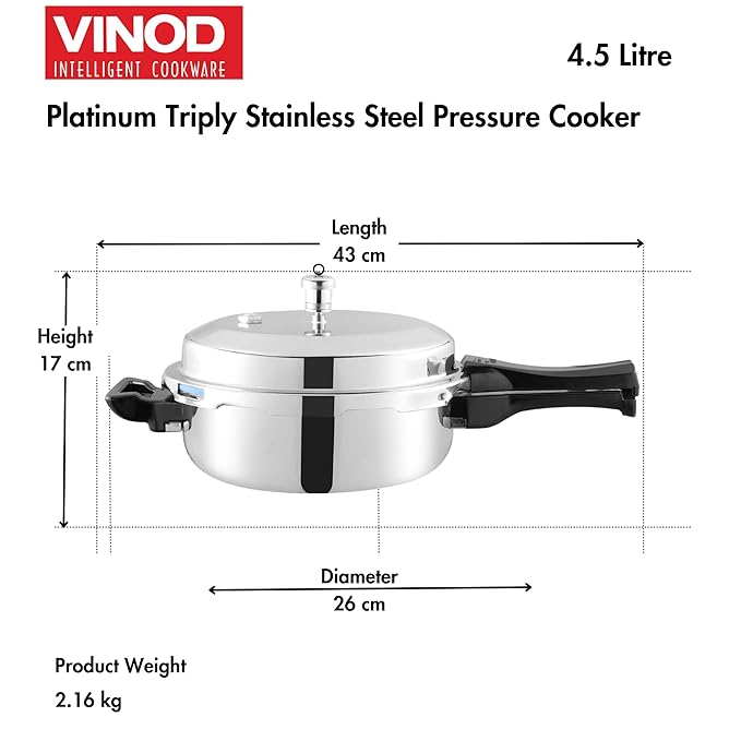 Vinod Platinum Triply Stainless Steel Outer Lid Pressure Cooker | 4.5 Litres | Senior Pressure Cooker | Induction Base Pressure Cooker