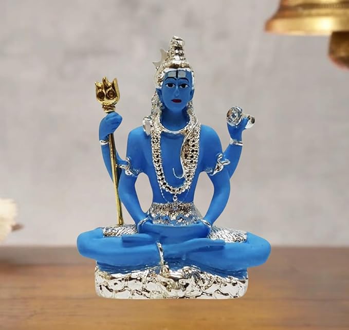 Gold Art India Resin Silver Plated Blue Shiva Idol for Car Dashboard Mahadev Murti Silver Blue Shiva