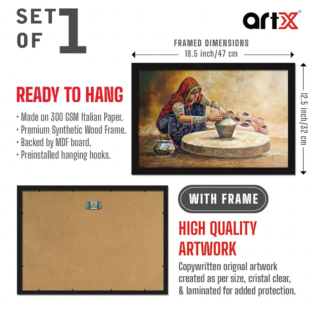 ArtX Paper Rajasthani Village Women Framed Wall Art Painting