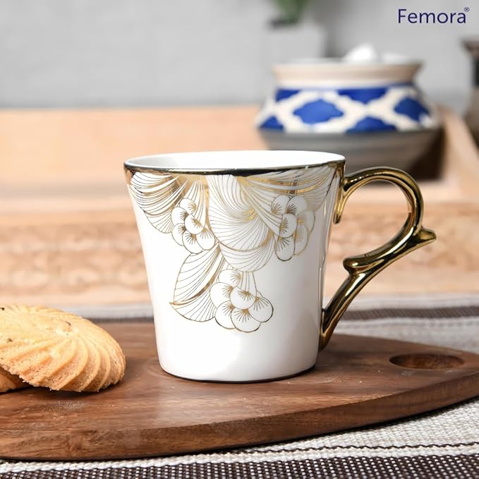 Femora Gold Wild Shroom Tea Mugs, Ceramic Tea Cups, Coffee Mugs | 160 Ml | 6 Pcs Set | Not Microwave Safe