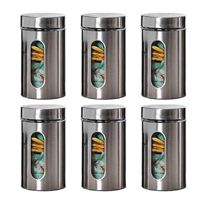 Femora Kitchen Storage Jars Steel Body With See Through Window Jar | 1000 Ml | Pack of 6