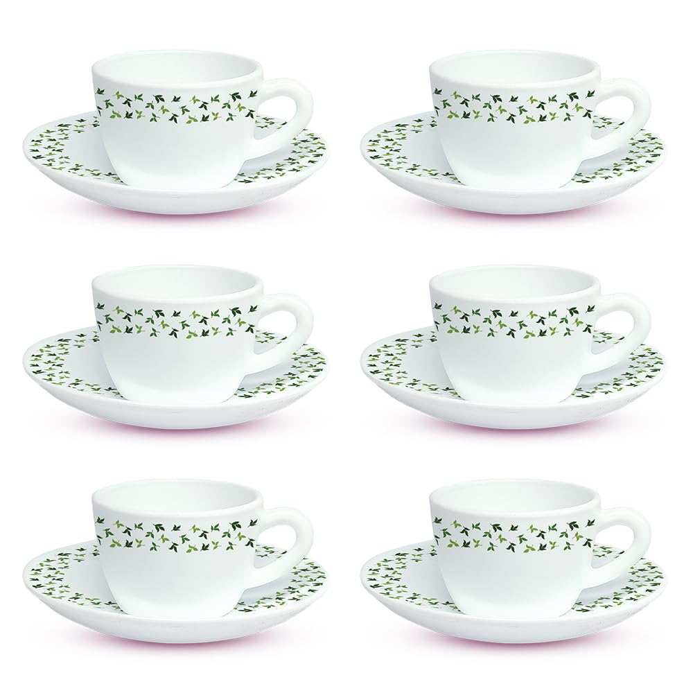 Larah by Borosil Silk Series Sage Opalware Cup and Saucer Set of 12 Pcs | Tea/coffee Cups | 140 Ml