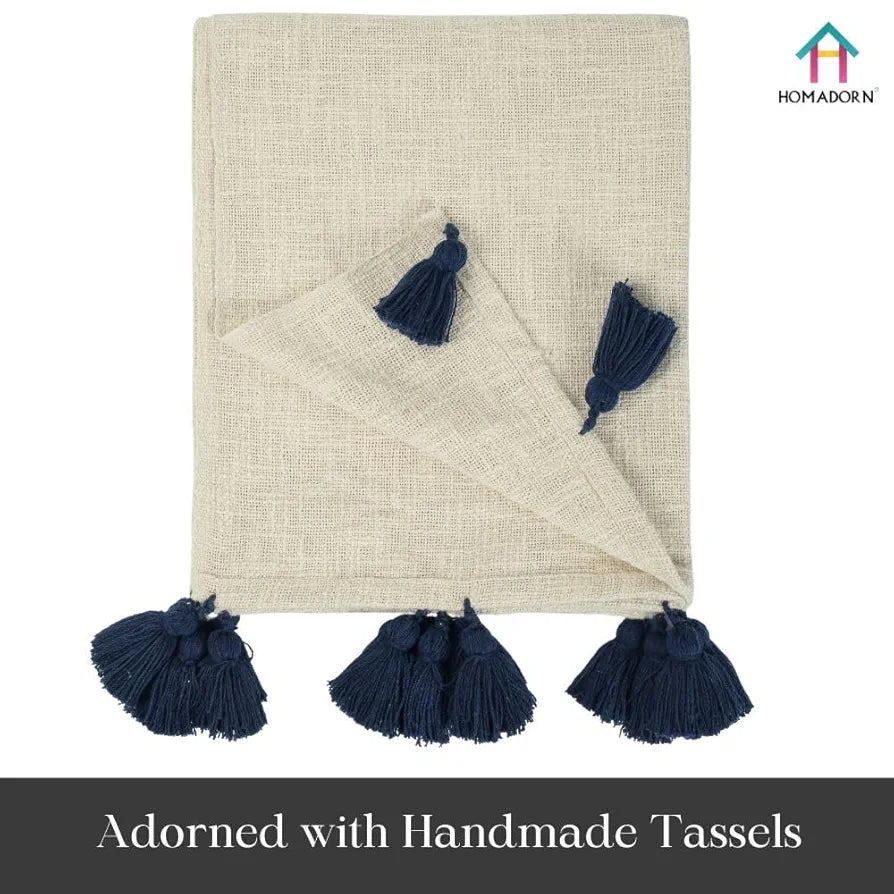 Homadorn 100% Cotton Off White Throw Blanket with Handmade Colorful Tassel Colour Navy Blue
