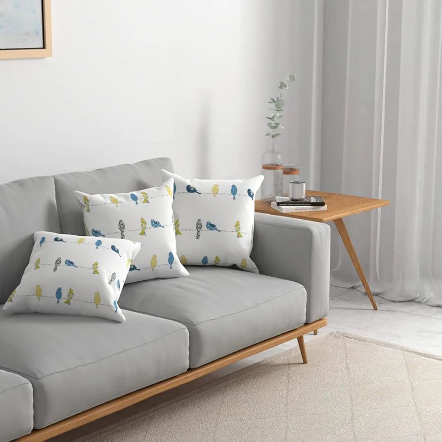 Urban Space Decorative Cotton Cushion Cover Set of 3 Cushion Covers for Sofa, Bedroom, Living Room Humming Bird- Blue