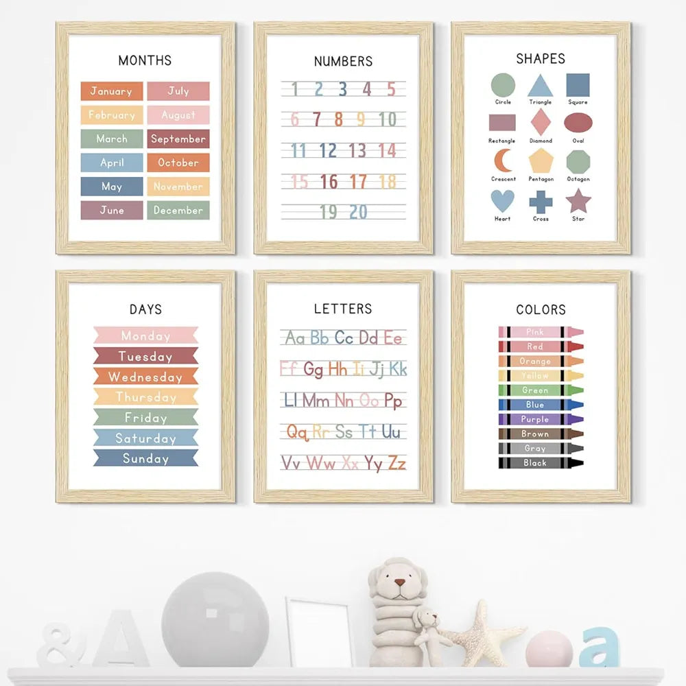 ArtX Paper Educational-01 Alphabets Numbers Colors Shapes Days Months Framed Wall Posters Kids Room Wall Frame Set Of 6