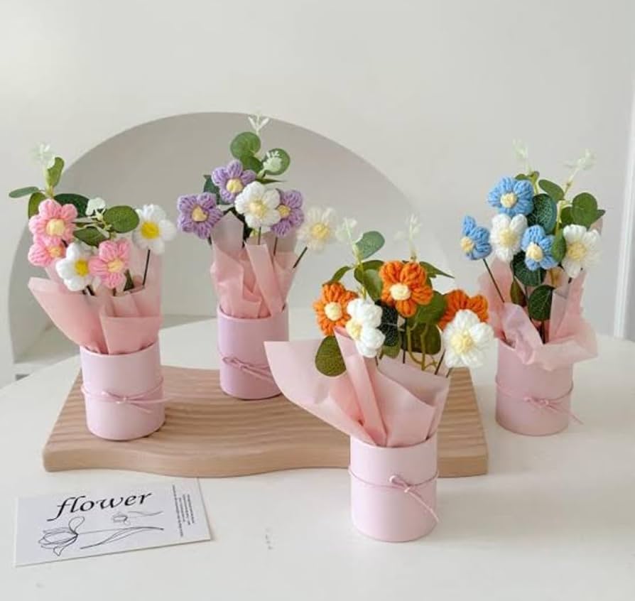 Artificial Crochet Flower Bouquet/artificial Flowers Bunch Blue Daisy Bouquet