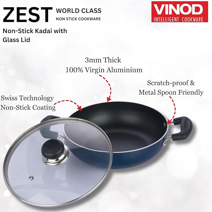 Vinod Zest Aluminium Non Stick Kadhai with Glass Lid - 2 Litre, 22cm | 3 Layer Ceramic Coating | 3 mm Thick