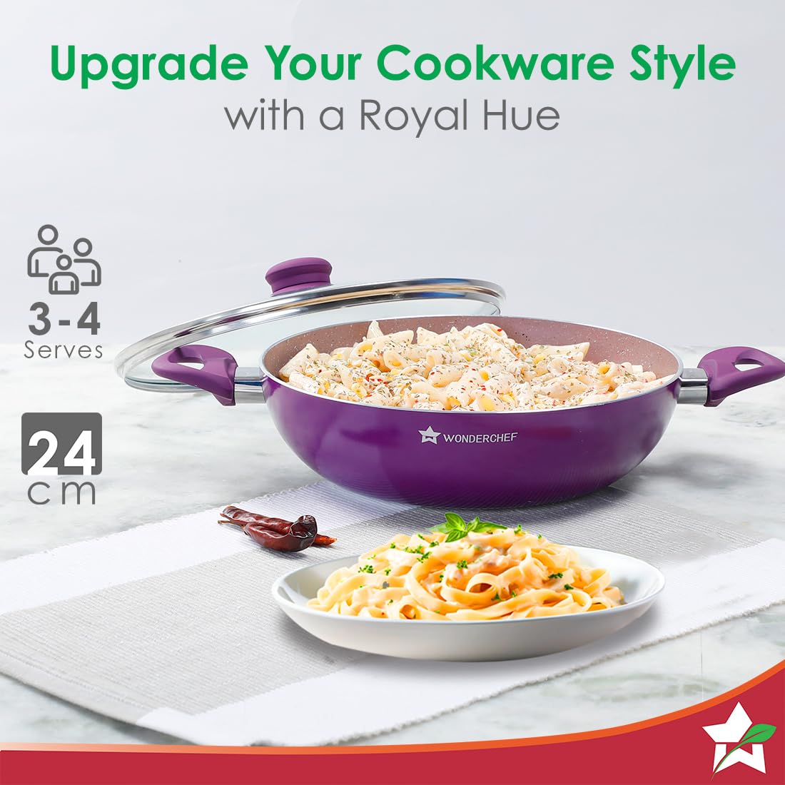 Wonderchef Royal Velvet Non-stick 24cm Kadhai with Lid and Handles | Glass Lid