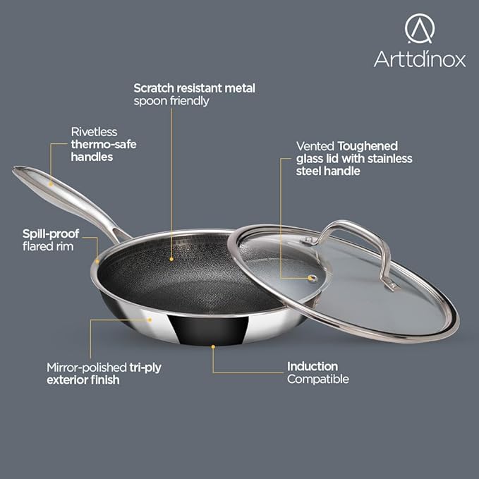 Arttdinox Stellar Stainless Steel Triply Frypan With Lid | Non Stick Pan | Induction & Gas Base | 24cm | 1.8 Ltr | Silver