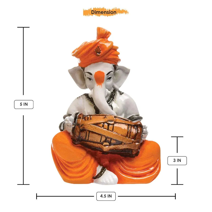 Karigaari India Karigaari Polyresine Orange & White Ganesha Playing Dholak