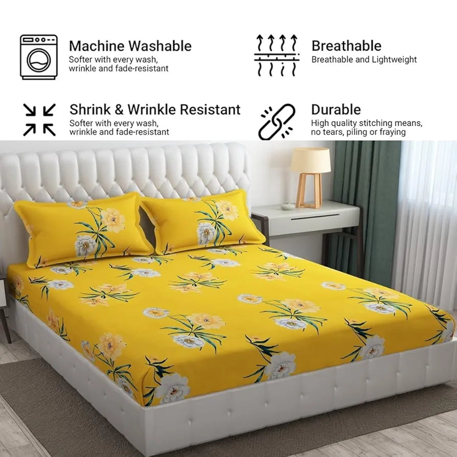 Fresh From Loom Double Bed Floral Design Microfiber King Bedsheet Bedcover Wrinkle Free Includes 2 Pillow Covers 144 TC Peach Yellow