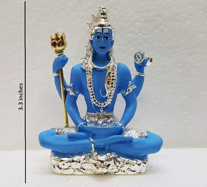Gold Art India Resin Silver Plated Blue Shiva Idol for Car Dashboard Mahadev Murti Silver Blue Shiva