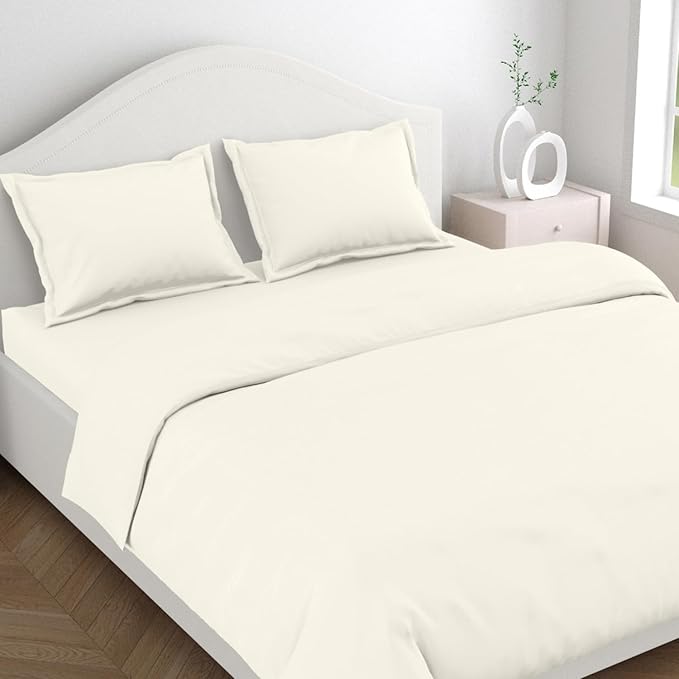 Haus & kinder Cotton Plain Solid Bedsheet for King Size 2 Pillow Covers | Colour Ivory