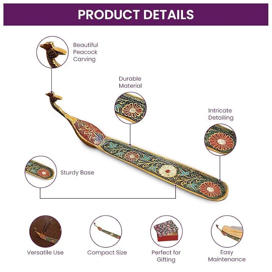 DecorTwist® Brass Incense Stick Holder  | Peacock Design Agarbatti Stand for Diwali Pooja Incense Burner Dhoop Stick Holder for Home, Office,Temple 1 Piece
