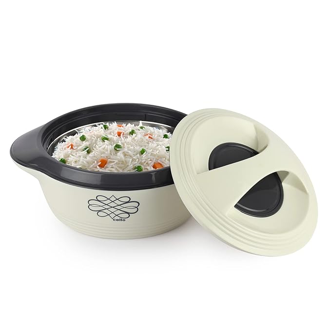 Cello Ripple Double Walled Insulation Casserole | Firm Twist Lock and Handles | 1500 Ml | White