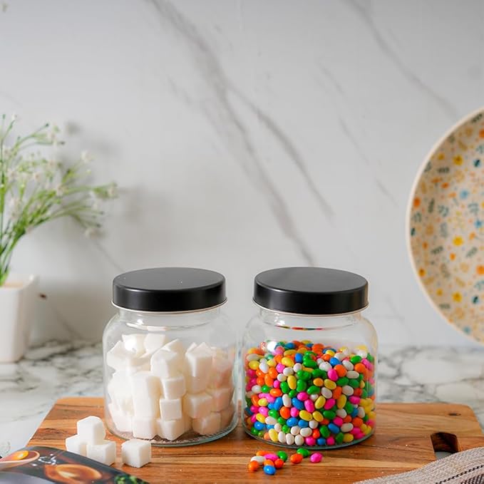 Femora Kitchen Storage Jars Clear Glass Jar With Steel Lid Air Tight Jar | 700 Ml | Pack of 1 | Black Lid