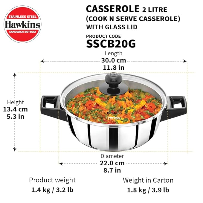 Hawkins 2 Litre Cook n Serve Casserole Stainless Steel Saucepan with Glass Lid