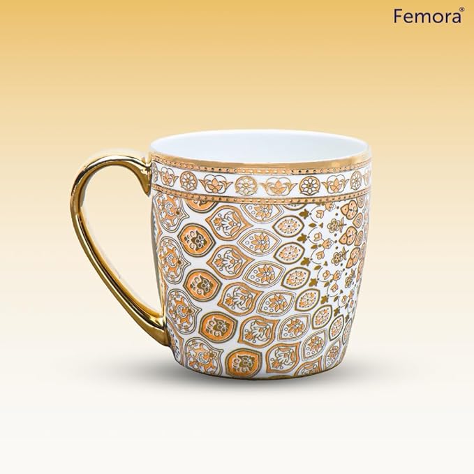 Femora Premium Ceramic Floral Medallion Coffee & Tea Cup Set of 6 | 160 Ml | Golden