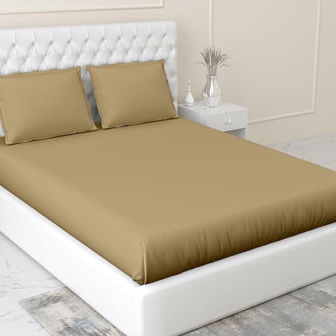 Haus & kinder Cotton Elastic Fitted Bedsheet King Size For Double Bed 2 Pillow Covers Colour Taupe
