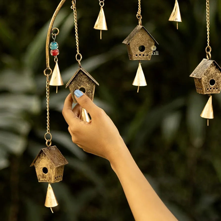 Metal Windchime Wall Hanging Feng Shui Wall Decor Golden BirdHouse